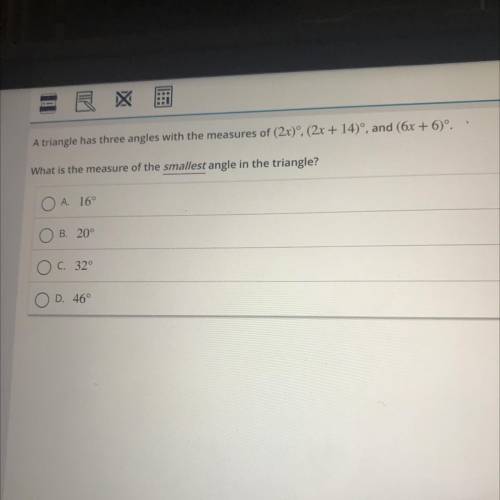 A triangle has three angles with the measures of (2x), (2x + 14), and (6x + 6).

What is the meas