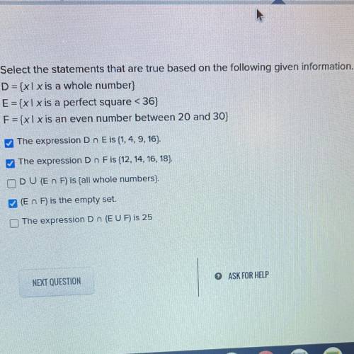 Select the statements that are true based on the following given information.

D={xl x is a whole