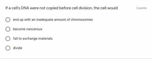If a cell's DNA were not copied before cell division, the cell would______

1
2
3
or 4