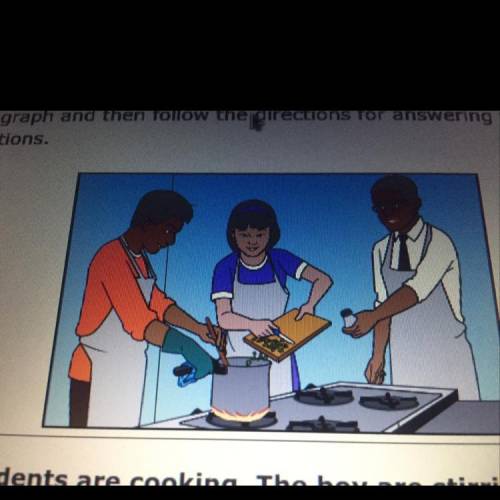 The students are cooking. the boy is slowly stirring the pot. the girl chopped vegetables and is ad