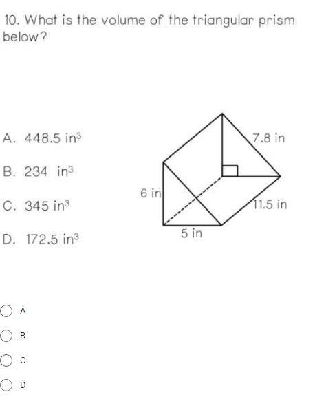 What is the volume of the triangular prism below 7.8 in 6 in 5 in 11.5 in