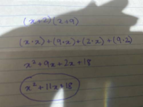 Distribute(x+2)(x+9)a) x^2+15x+18b) x^2+6x+11c) x^2+7x+9d) x^2+11x+18​