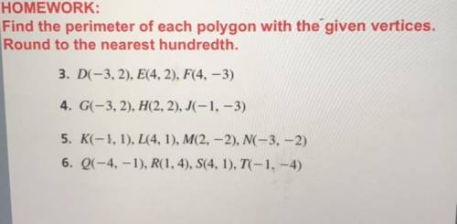Find the perimeter of each polygon with the given vertices. Round to the nearest hundredth.