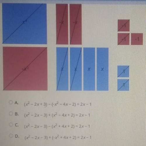 Which sum or difference is modeled by the algebra tiles?

A. (x2 - 2x + 3) - (-x - 4x - 2) = 2x -