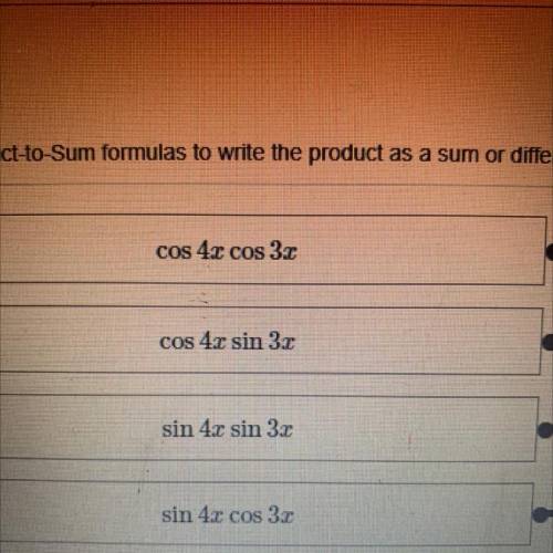 Use the product to sum formulas to write the product as a sum or difference.