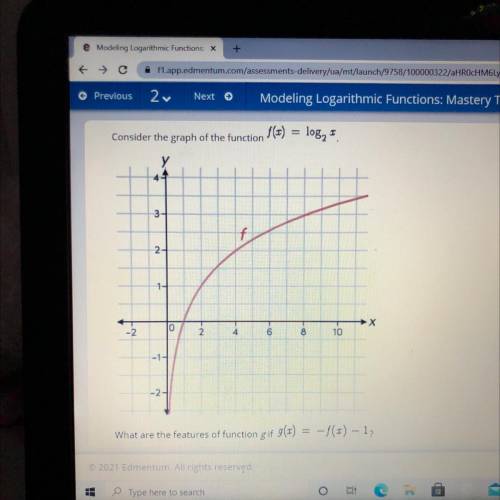 Select all the correct answers

Consider the graph of the functions f(x)=log2x
What are the featur