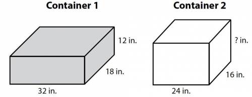 Two glass containers are shown. Both are right rectangular prisms. Container 1 is filled with water
