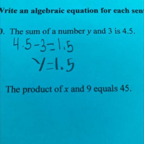 The product of x and 9 equals 45