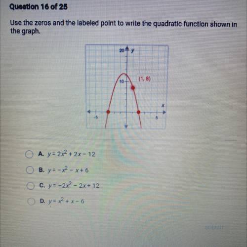 Question 16 of 25

Use the zeros and the labeled point to write the quadratic function shown in
th
