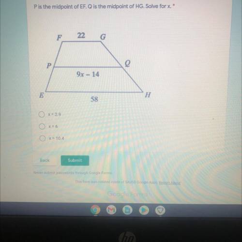 Pis the midpoint of EF. Q is the midpoint of HG. Solve for x.