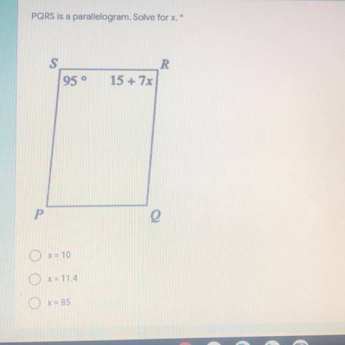 PQRS is a parallelogram. Solve for x.
Plz help