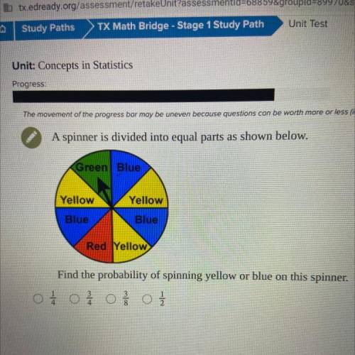 A spinner is divided into equal parts as shown below.What is the probability of spinning yellow or
