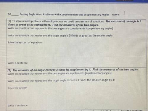 50 points Help Please Solving angle word problems with complementary and supplementary angles