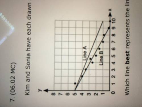 HELP ASAP

kim and sonia have each drawn a line on the scatter plot shown below. 
(pic)
which line