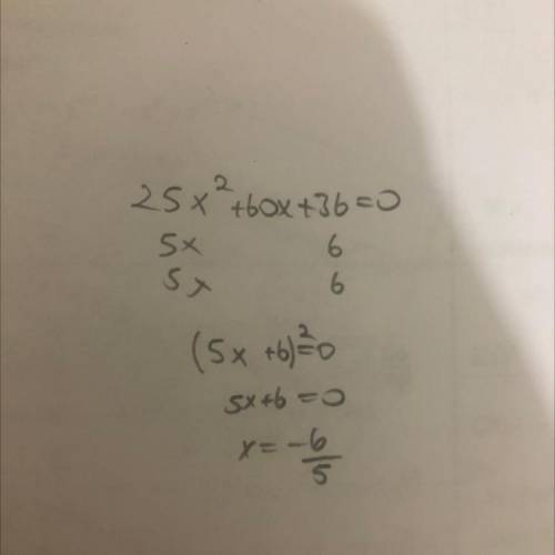 Solve equation by using the quadratic formula.
25x^2 + 60x = -36