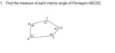 I Will mark Brainliest
Find the measure of each interior angle of Pentagon ABCDE.