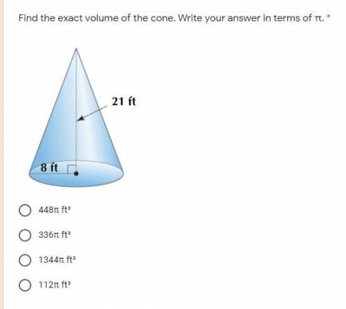 Find the exact volume of the cone. Write your answer in terms of π.