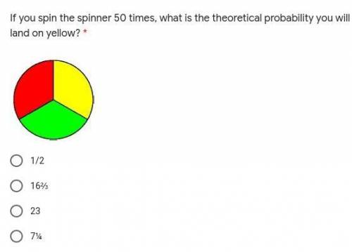 If you spin the spinner 50 times, what is the theoretical probability you will land on yellow