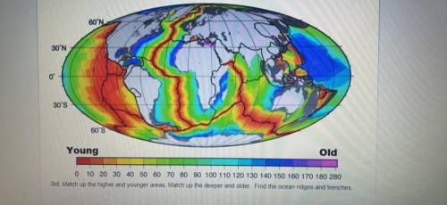 On the colorful map, in general, where is the youngest crust located?