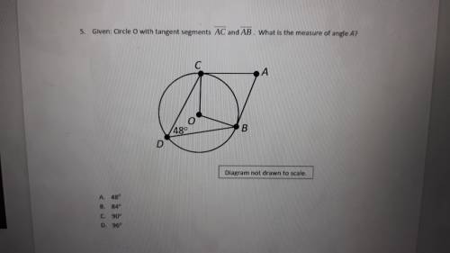 Given:circle O, with tangent segments AC and AB . What is the measure of angle A