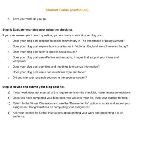 Page 2

Student Guide (continued)
f)
Save your work as you go.
00
Step 4: Evaluate your blog post