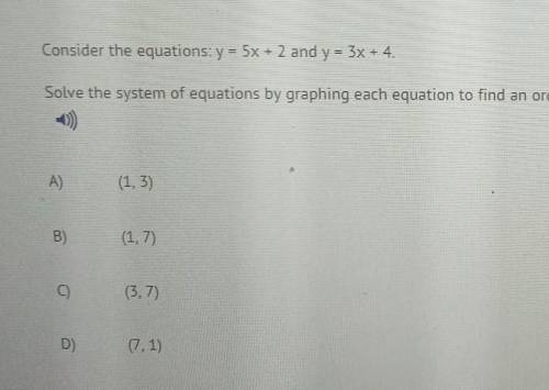 Consider the equations: y = 5x + 2 and y = 3x + 4. Solve the system of equations by graphing each e