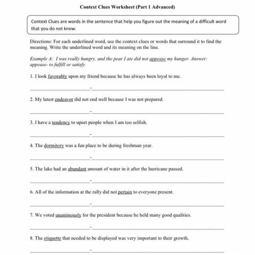 I’m looking for Context Clues Worksheet (Part 1 Advanced) answer key