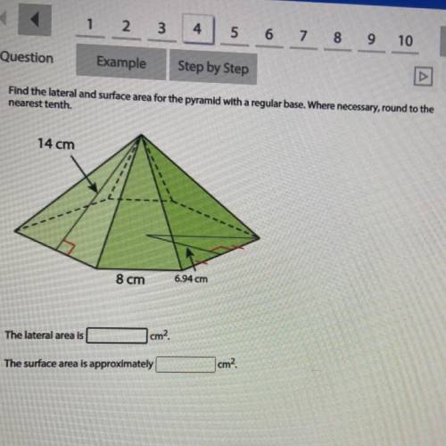 Find the lateral and surface area for the pyramid with a regular base. Where necessary, round to th
