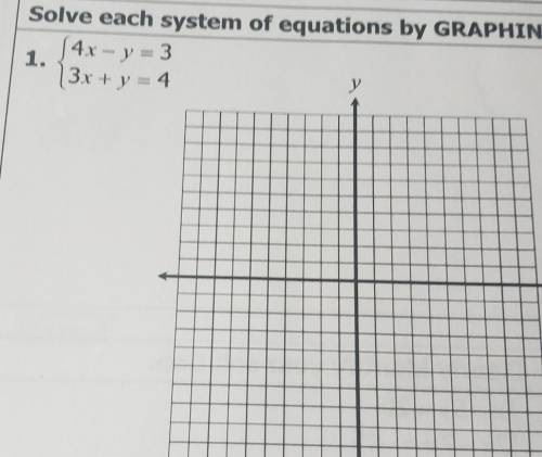 Solve each system of equations by GRAPH (4x - y = 3 1. 3x + y = 4 у​