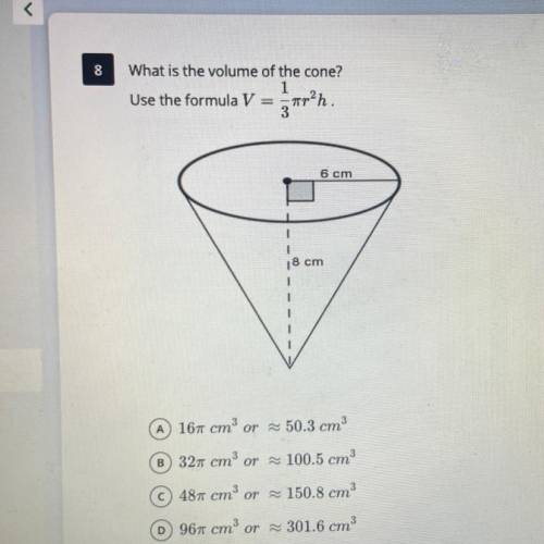 Whats the volume of the cone?
use the fórmula V=1/3πr^2h.