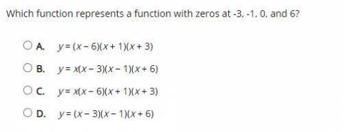 Which function represents a function with zeros at -3, -1, 0, and 6?

Which point is a point where