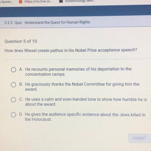 How does wiesel create pathos in his nobel prize acceptance speech