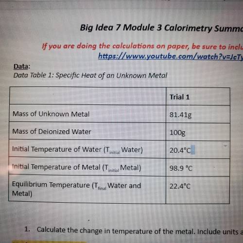 Calculate the change of temperature of the metal.

Calculate the change of temperature of the wate