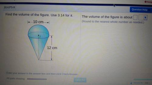 Find the volume of the figure. Use 3.14 for pi a cone sphere has a diameter of 10 and a sphere has