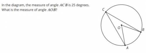 In the diagram,the measure of angle ACB is 25 degrees. what is the measure of angle AOB?