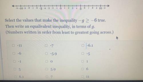 Select the values that make the inequality -g > -6 true.

Then write an equalivalent inequality