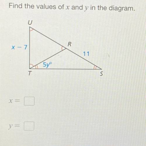 Find the values of x and y in the diagram.

U
20
X - 7
11
5y
T
S
X =
y =