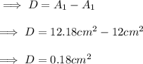 \implies D = A_1 - A_1 \\\\\implies D = 12.18cm^2-12cm^2 \\\\\implies \red{D = 0.18 cm^2}