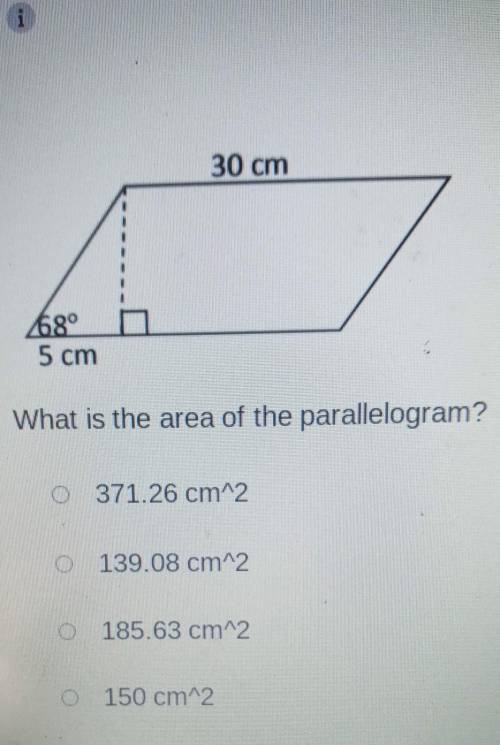 What is the area of the parallelogram?

371.26 cm^2 139.08 cm^2 185.63 cm^2 150 cm^2​​