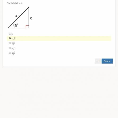 For the following right triangle, find the length x