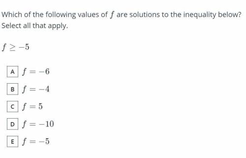 Which of the following values of f are solutions to the inequality below?

​Select all that apply.