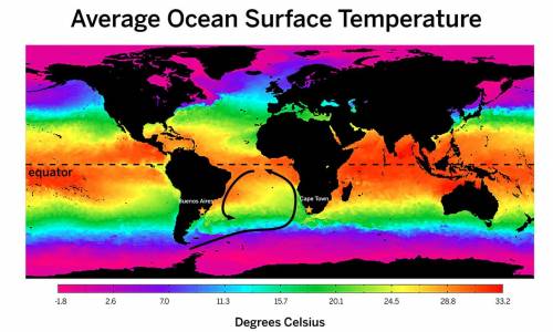 Based on the picture of the map, why does Buenos Aries have a higher ocean surface temperature than