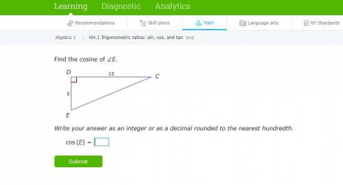 I'm stuck on a question from the IXL, HH.1 Trigonometric ratios. I squared the 5 and 12, and then I