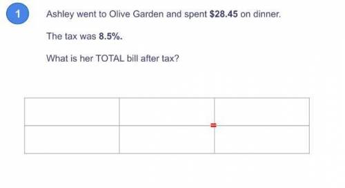 ashly went to olive garden and spent 28.45 on dinner. The tax was 8.5. What is her TOTAL bill after