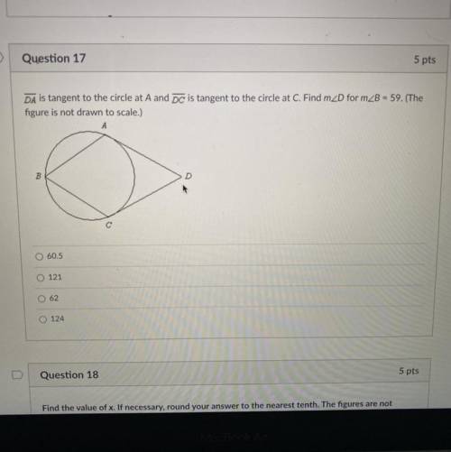 DA is tangent to the circle at A and DC is tangent to the circle at C. Find m2D for m B = 59. (The