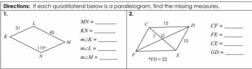 If each quadrilateral below is a parallelogram, find the missing measures.