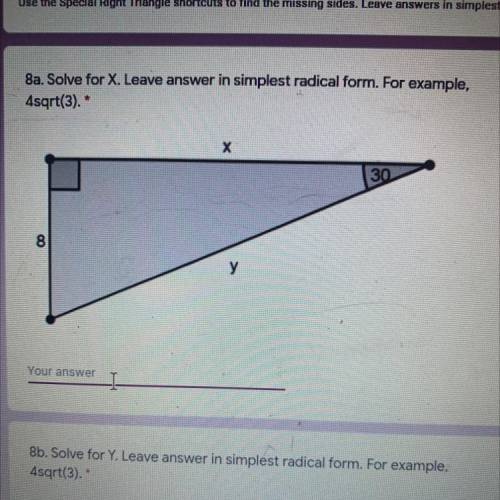 Solve for x. leave answer in simplest radical form.
