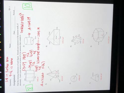Please help 1-8 using surface area find the missing dimension 9-16 using volume find the missing di