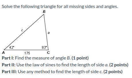 Help please! 15 pts!

Solve the following triangle for all missing sides and angles.Part I: Find t