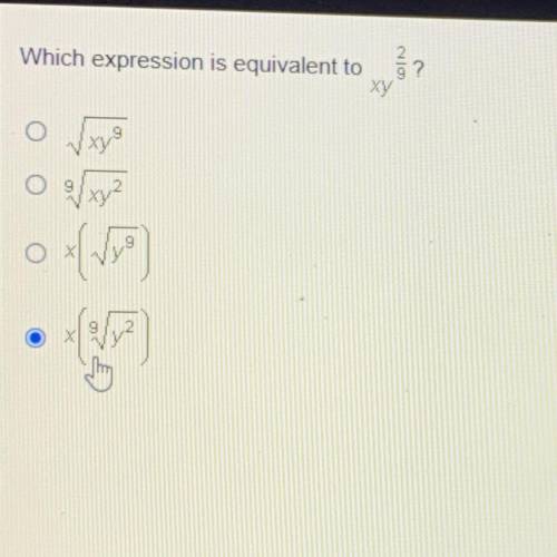 Which expression is equivalent to
ху^2/9?
O √xy9
O 9√xy2
O x(√y9)